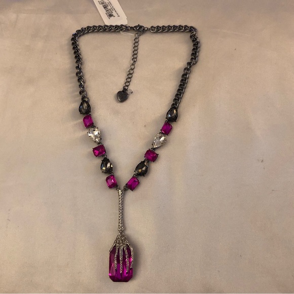 Betsey Johnson Gun Metal Tone Skeleton Hand Y Drop Pendant Necklace Crystal NWT - Picture 2 of 14